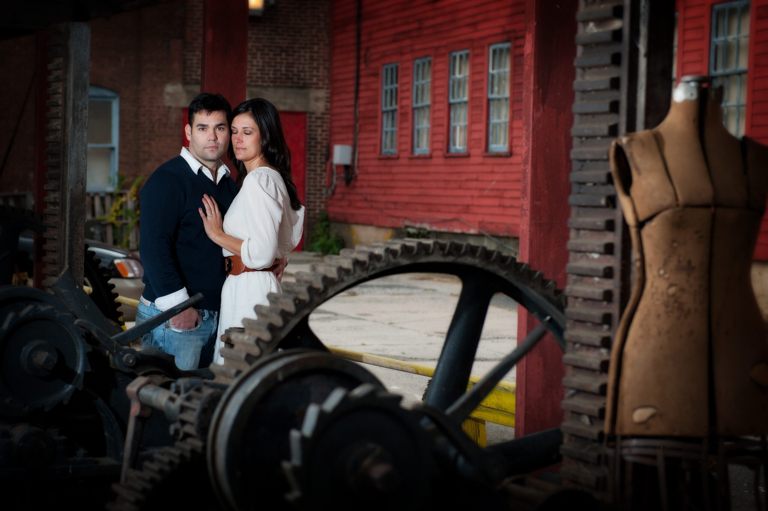 CT engagement photography couple industrial setting Collinsville CT