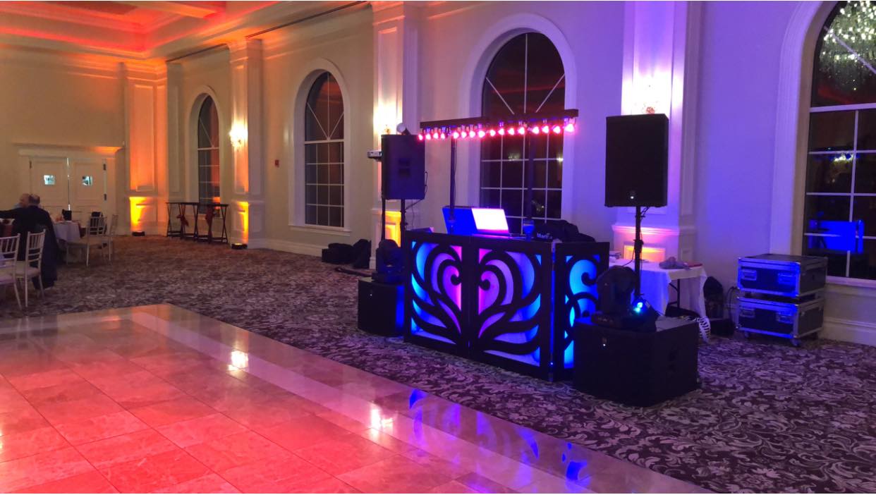 CT wedding DJ booth setup elegant lighting Aria in Prospect CT