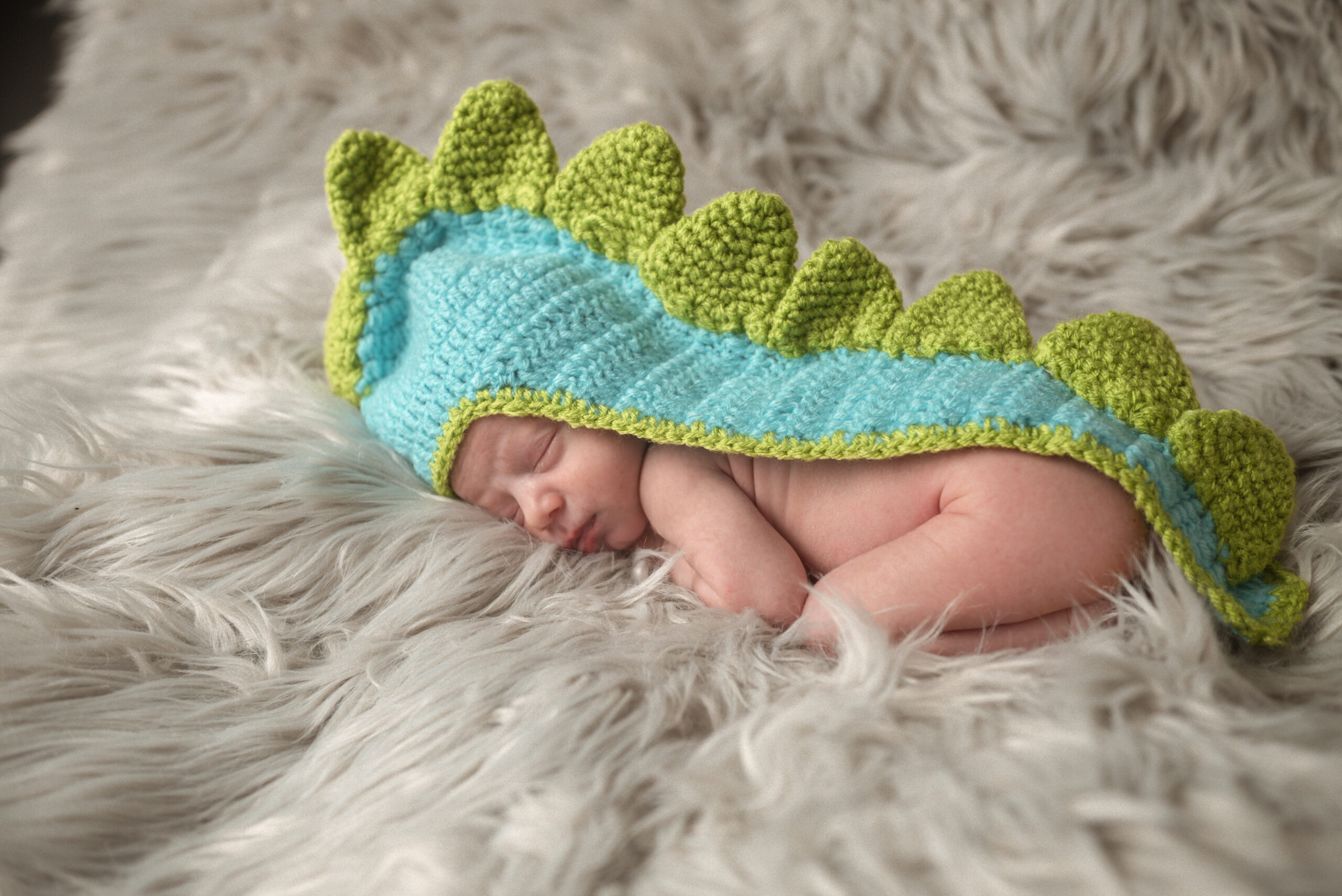 CT newborn photography baby in dinosaur hat on white fur blanket
