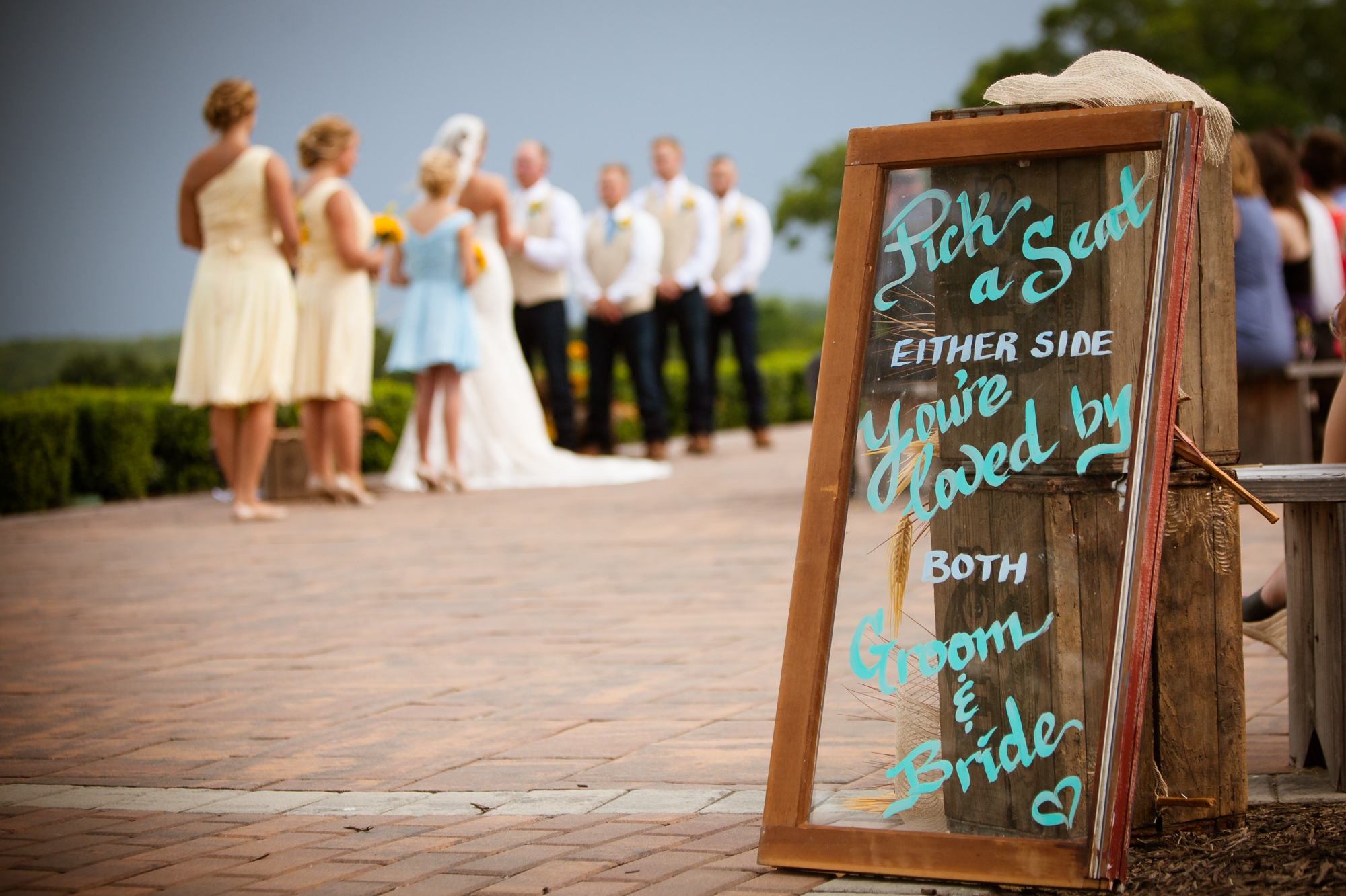 CT wedding photography pick a seat ceremony chalkboard sign wedding party outdoor
