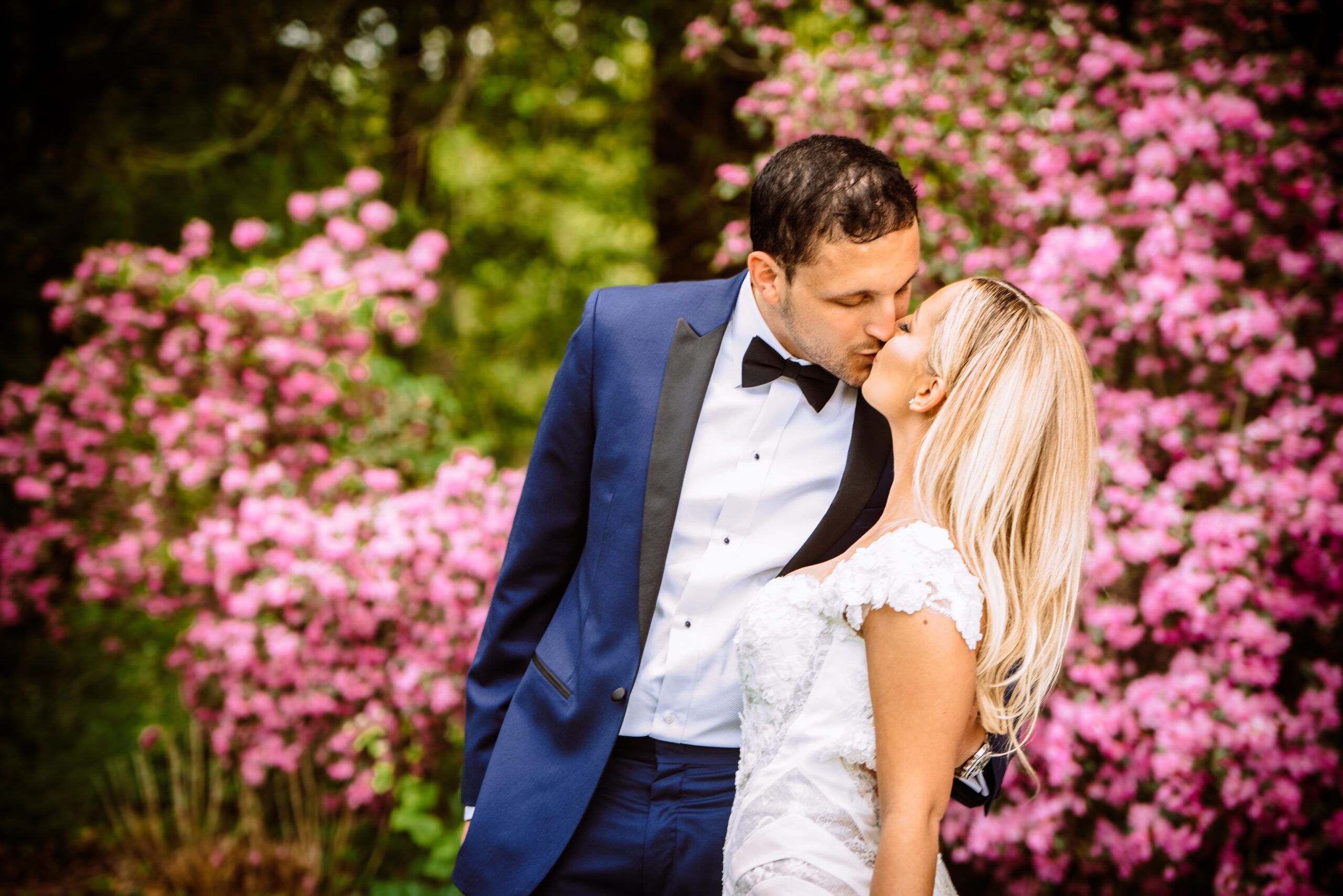 Groom kissing bride surrounded by pink flowers at Elizabeth Park in West Hartford CT